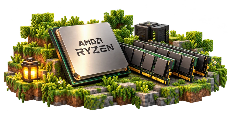 Ryzen-processor en DDR5-geheugen op een Minecraft-graslandschap