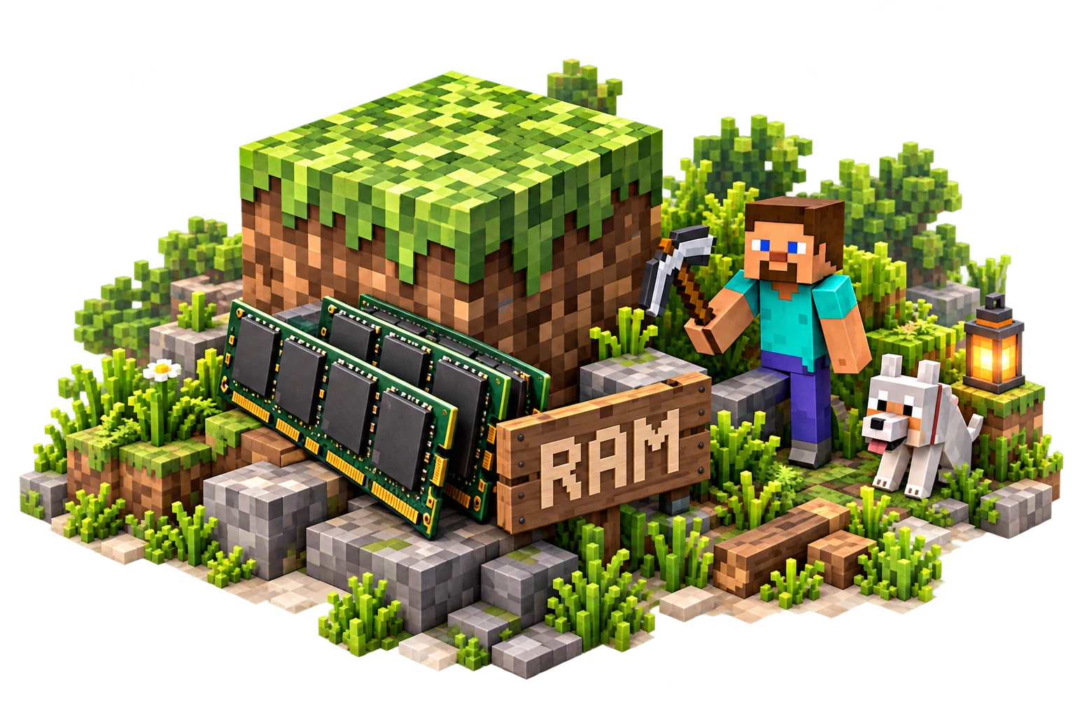 Minecraft grasblok met RAM-geheugen, een speler en een wolf